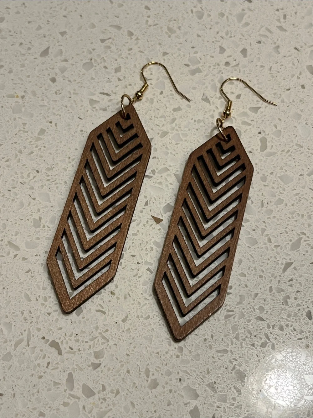 Brown Hollow Hexagon Striped Dangle Wooden Earrings, Minimalist & Casual